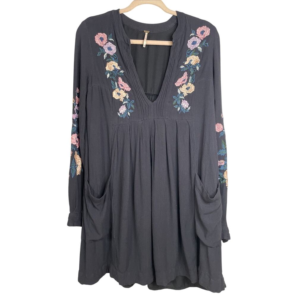 Free People Mia V Neck Gauze Floral Embroidered Tunic Dress w/ Pockets Size XS